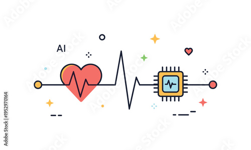 AI based monitoring system healthcare tracking theme shown as a heart pulse line integrated with a small processor icon, expressing continuous