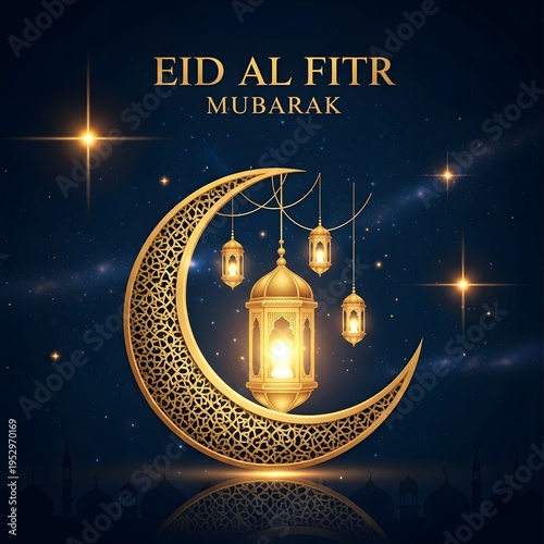Calm blue night background with crescent moon and lantern, representing peaceful Eid nights and spiritual Islamic atmosphere.