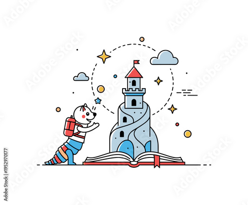 Adventurous bookworm imagining a tiny castle rising from an open book symbolizing creativity and storytelling magic. Subtle star and cloud accents add playful