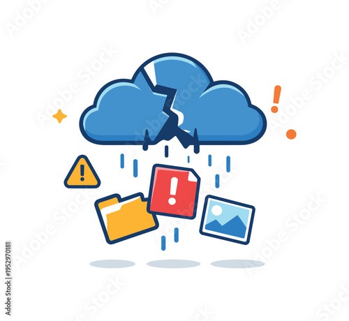 Broken cloud backup disrupting digital safety as a cracked cloud icon leaks data files downward, expressing loss of trust, vulnerability, and sudden system