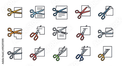 Colorful hand-drawn scissors cutting paper icons set doodle style illustrations.