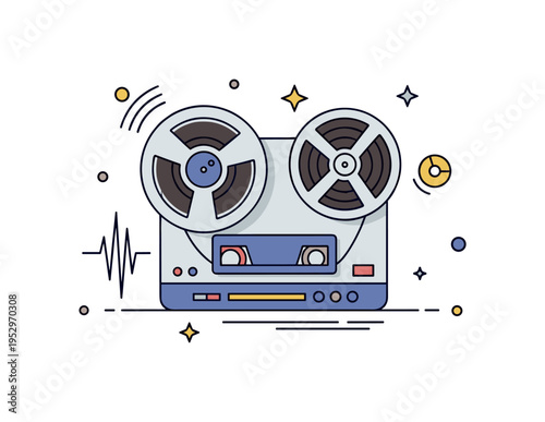 Tape recording equipment reel to reel deck with rotating spools and subtle sound wave accents, representing analog warmth and nostalgic audio technology.