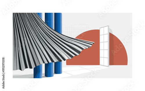 Black and white curtain blowing inward toward an open window, oversized terracotta semicircle behind symbolizing warm light, cobalt blue cylindrical shapes