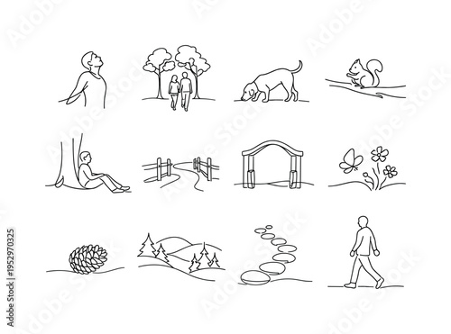 Peaceful Forest Stroll Set. Minimalistic set one-line drawing person breathing fresh air, couple walking under trees, dog sniffing ground, squirrel on branch,