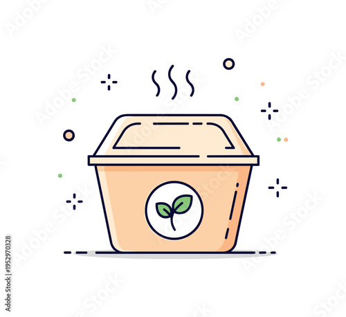 Compostable food container plant based takeaway box with small sprout symbol and subtle steam lines above, symbolizing sustainable alternatives to plastic