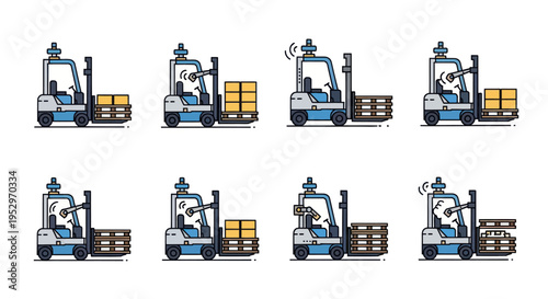 Cartoon Forklift Icon Set Moving Boxes and Pallets.