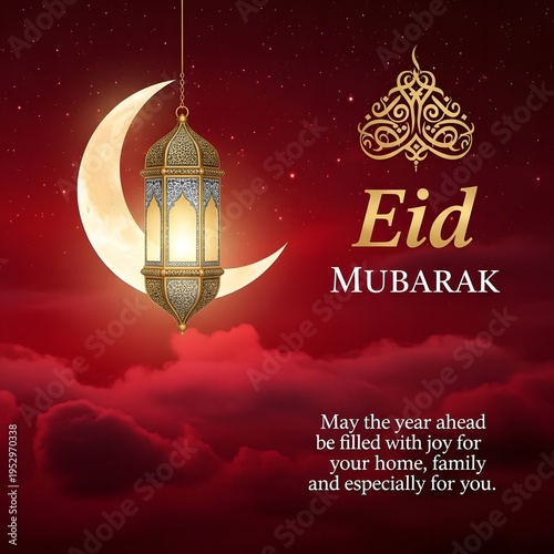 Vibrant red background with traditional lantern and crescent moon, perfect for Ramadan and Eid festive greeting designs.
