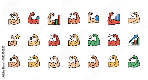 Collection of Colorful Bicep Muscle Icons Representing Strength and Growth.