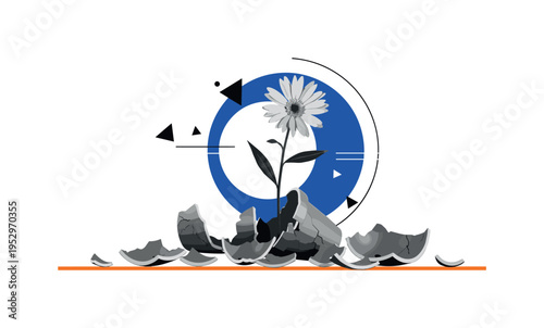 Black and white flower emerging from shattered pot pieces defiantly, bright electric blue circle framing the bloom as symbol of resilience, thin orange