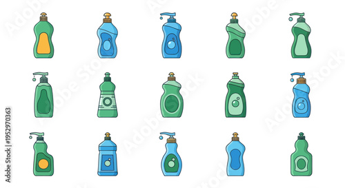 Assortment of Green and Blue Cleaning Product Bottles with Dispensers.