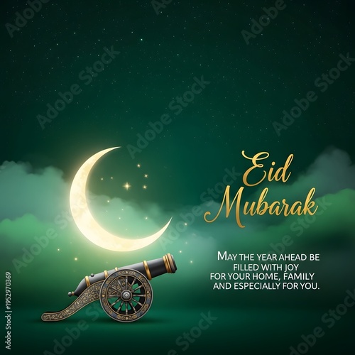 Green background featuring crescent moon and Ramadan cannon symbolizing Islamic celebration and spiritual atmosphere during Ramadan and Eid.