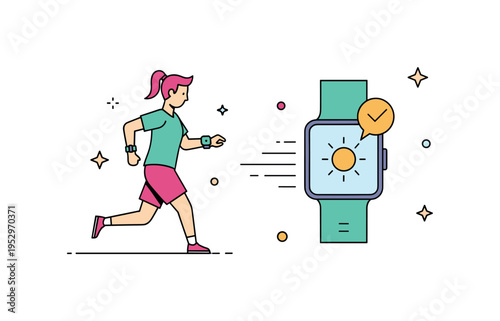 Morning jog with smart wearable runner in motion checking a compact smartwatch with sun icon and subtle motion lines, representing healthy routines and tech