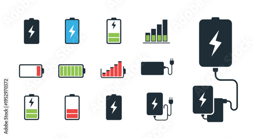 Collection of Battery Icons Depicting Charge Levels and Charging.