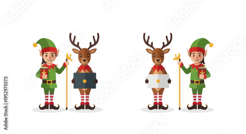 Cartoon Christmas elf and reindeer characters holding a closed case and an open blank scroll.