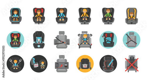 Collection of colorful child car seats with safety harnesses and cartoon children.