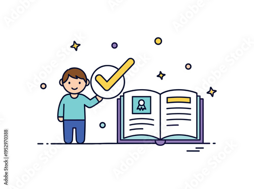 Encouraging academic confidence concept featuring a small child figure beside a large check mark and an open workbook. A positive editorial symbol of progress,