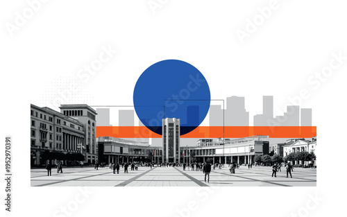 Black and white skyline with highlighted public square in foreground where people meet, oversized cobalt blue circle dominating above the city,