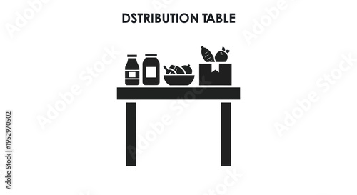 A black silhouette icon of a food distribution table with donated groceries bottles and produce.