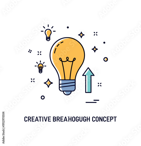 Creative breakthrough concept badge glowing bulb combined with a small upward arrow and subtle star accents, symbolizing innovation, fresh ideas, and inspired