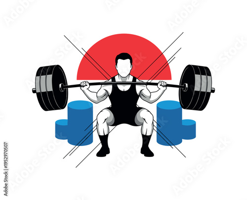 Black and white lifter gripping barbell firmly before squat, oversized crimson semicircle behind shoulders, cobalt blue geometric cylinders echoing plate