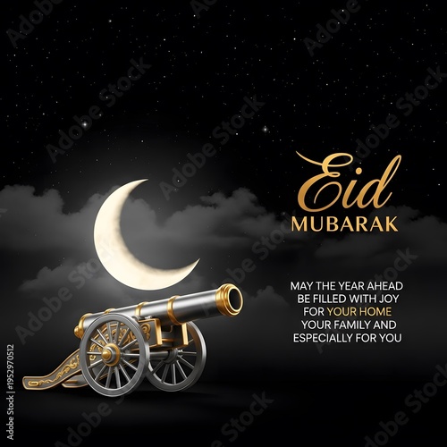 Elegant black background featuring traditional Ramadan cannon symbolizing Islamic celebrations, perfect for Ramadan and Eid greeting designs.