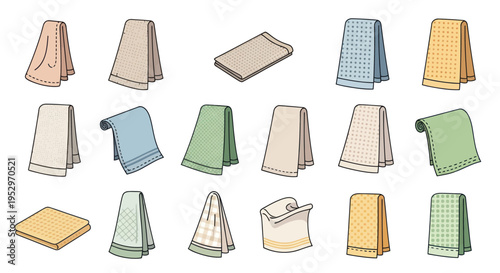 A colorful collection of illustrated cartoon towels in various folded and hanging positions.