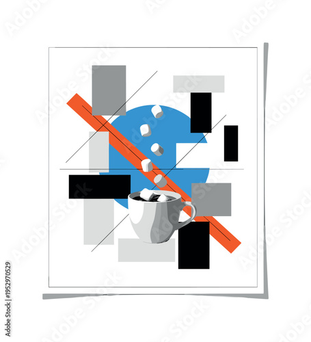 Black and white marshmallows falling into a mug of cocoa, bright blue circular backdrop intersected by orange diagonal bar, geometric blocks stacked