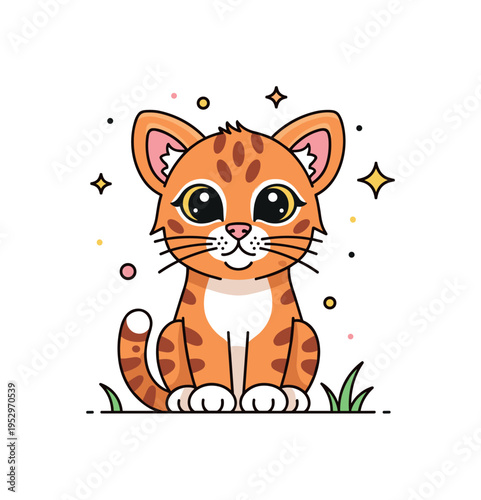 Wildcat cub sitting calmly with oversized curious eyes expressing innocence and playful nature in the wild. Small grass and sparkle details add warmth and