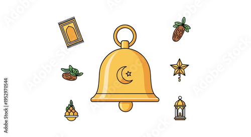 Golden bell with crescent moon and star surrounded by Islamic Ramadan celebration icons set.