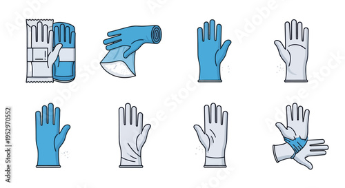 Assorted Illustrations of Protective Medical and Industrial Gloves.