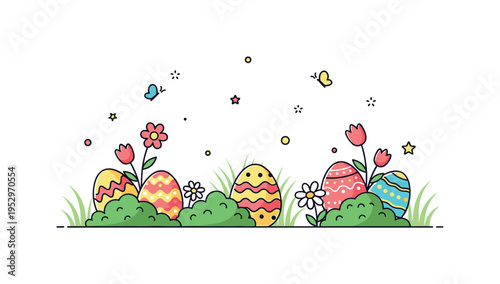 Easter eggs hidden around a blooming garden with colorful patterned eggs peeking out from behind bushes and flowers symbolizing playful spring celebration.