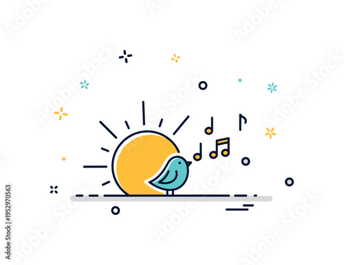 Dawn chorus natural sound concept represented by a rising sun icon aligned behind a small bird silhouette emitting simple note symbols. The scene conveys early