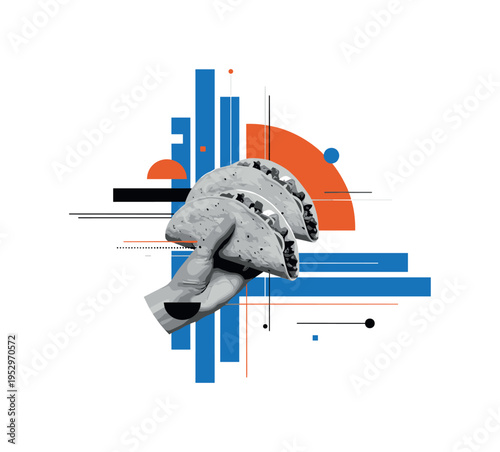 monochrome tacos held in hand as focal point, oversized and centered, overlapping burnt orange semicircle and cobalt blue geometric bars, fine linear accents