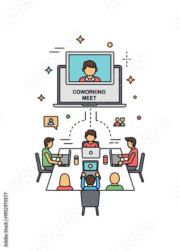 Hybrid coworking meetup laptop screen showing remote participants connected to in person group at a shared table, representing blended digital and physical