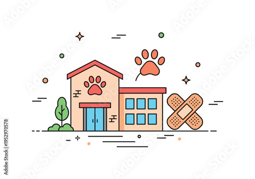 Animal rehabilitation facility scene featuring a simple shelter building with a paw icon and a bandaged paw symbol expressing healing and professional support.