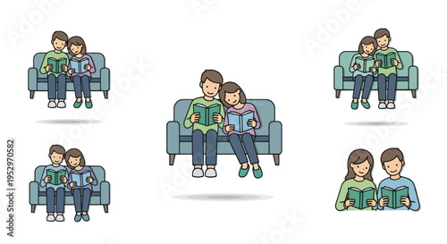 Couple Reading Together on a Comfortable Blue Sofa.