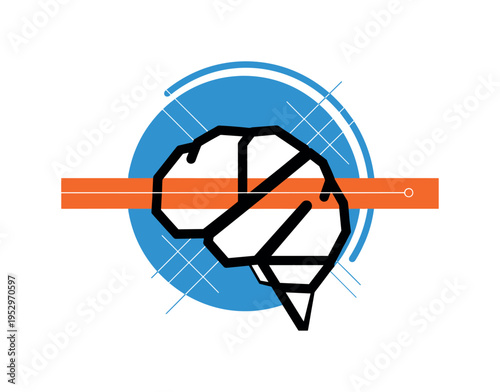 Black and white brain icon simplified into geometric form, bold blue circular halo behind indicating restoration, orange horizontal bar crossing mid-frame