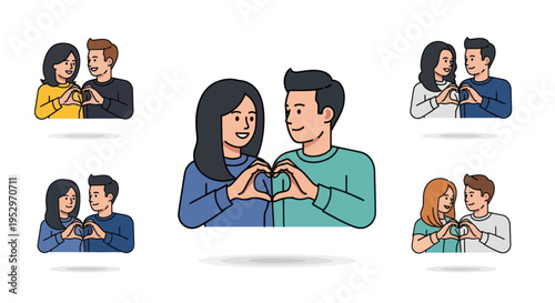 Cartoon Couples Forming Heart Shape with Hands Smiling.