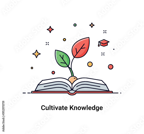 Seed sprouting education and learning metaphor shown as a seed emerging from an open book page, symbolizing knowledge growth and intellectual development. The
