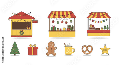 Christmas Market Stalls and Festive Treats Illustration.