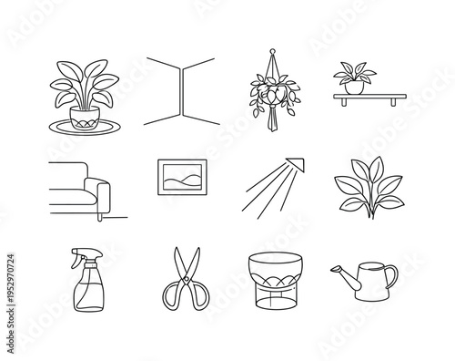 Indoor Corner Greenery Decor. Minimalistic set one-line drawing big potted plant silhouette, corner wall lines, decorative planter pot, hanging plant above,