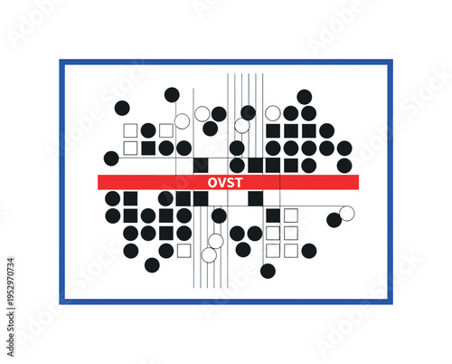 Black and white abstract strategy board with circular and square tokens instead of traditional pieces, bright red horizontal bar crossing center as conflict