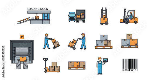 A collection of colorful flat line art icons depicting warehouse logistics shipping and freight operations.
