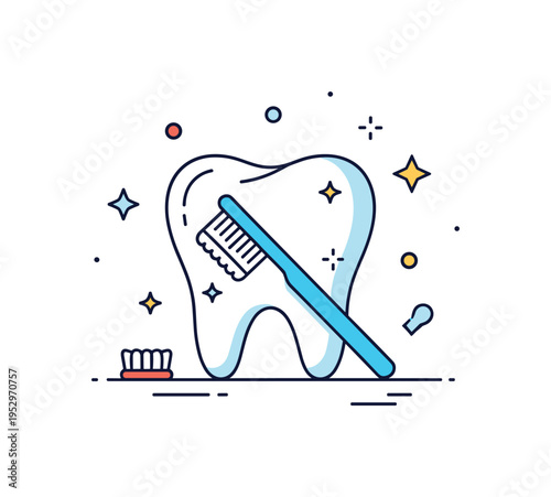 Brushing teeth dental health awareness theme centered on a large tooth icon with a toothbrush angled across it and subtle sparkle details. A clean