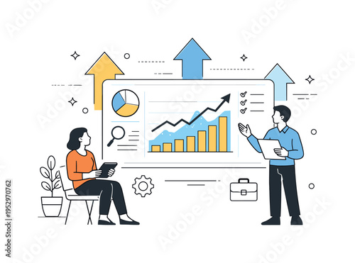 Market growth analytics. Analysts reviewing rising charts on a large dashboard while abstract arrows point upward. A calm editorial scene about data-driven
