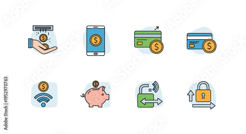 Collection of Colorful Financial Icons Representing Banking and Finance.