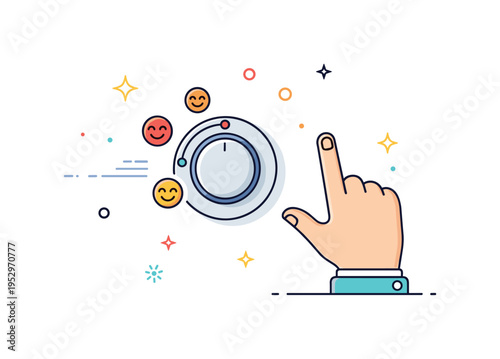Comfort level calibration showing a hand rotating a minimal round thermostat with small smile icons indicating improved indoor wellbeing, expressing personal