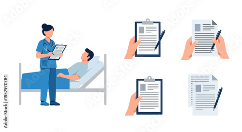 Nurse Attending to Patient in Hospital Bed with Medical Records.