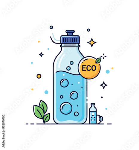 Reusable sparkling water bottle design scene centered on a modern refillable bottle with bubble graphics and a small eco leaf badge, expressing sustainability,