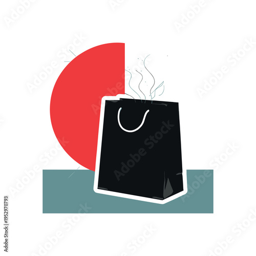 Black and white shopping bag with subtle scent lines emerging from inside, bright red geometric circle cropped at edge, muted teal base rectangle supporting